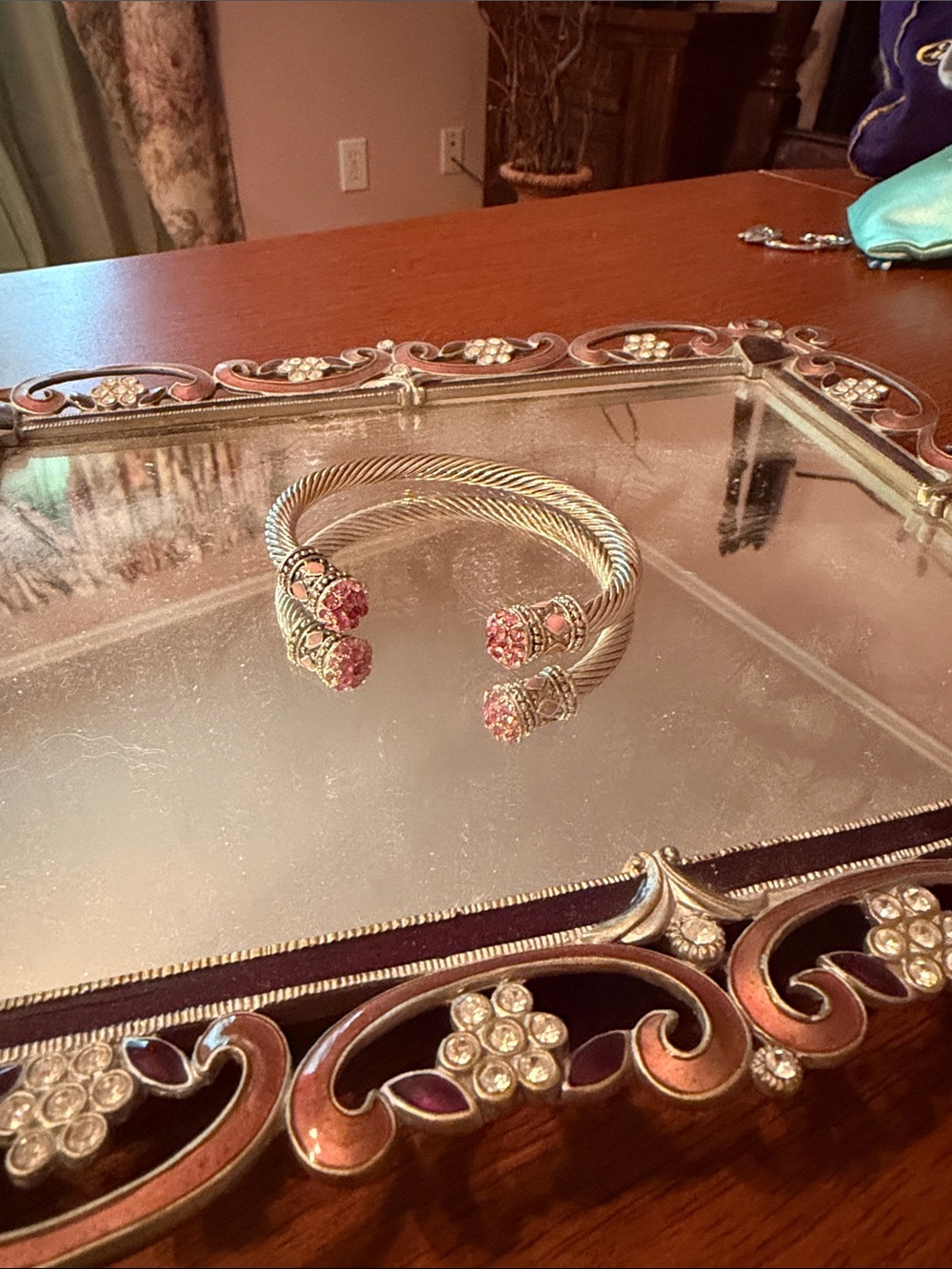 Twisted Cable Open Cuff Bracelet with Pink Crystal End Caps
